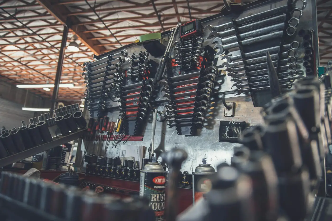 Organised wrench and socket wall inside the Premium Garage car repair workshop in Dubai